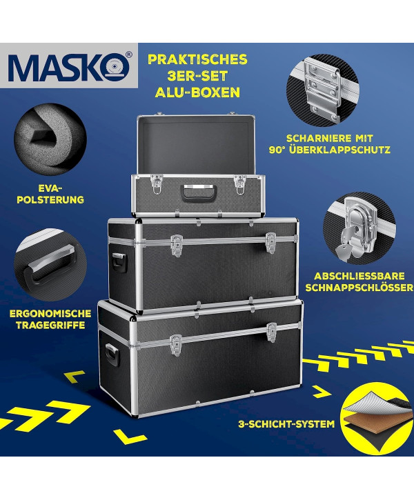 Masko Alubox 3er SET Transportbox Aluminium Box Werkzeug Kiste Alu Lagerbox Schwarz