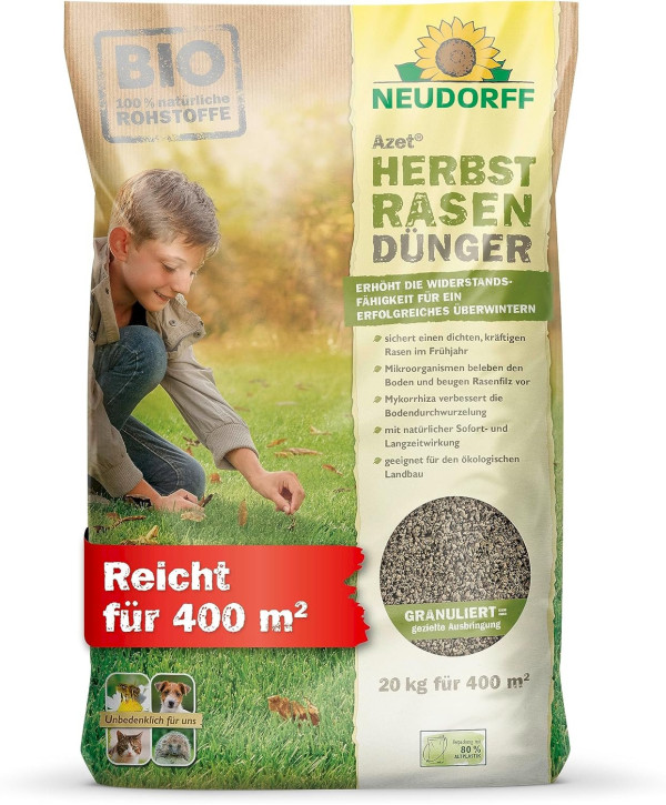 Neudorff Azet HerbstRasenDünger - 20 kg für 400qm Herbst Rasendünger Kalium Dünger