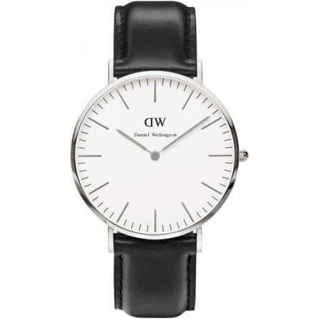 Daniel Wellington - 0206DW - Sheffield - Montre Mixte - Quartz Analogique - Cadran Argent - Bracelet Cuir Noir