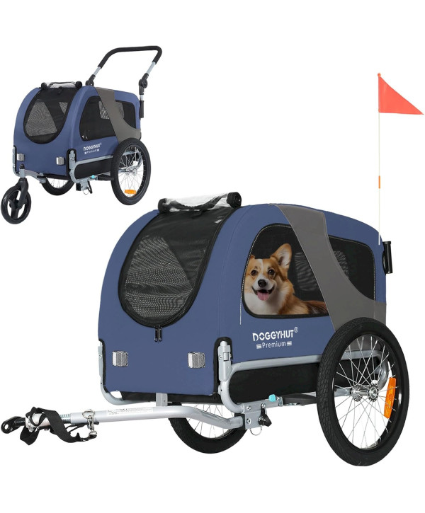 DOGGYHUT Premium MEDIUM Blau Hundefahrradanhänger & Jogger 2in1 Fahrradanhänger