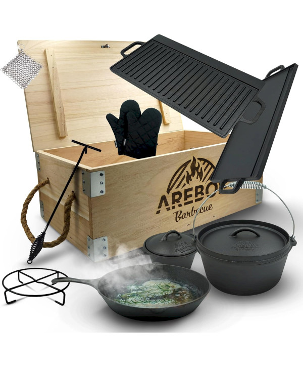 AREBOS Dutch Oven BBQ Set 9 tlg. in Holzkiste inklusive Schutzhandschuhe