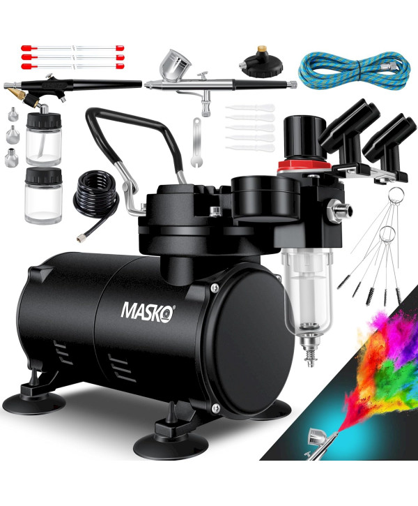 MASKO Airbrush Set mit Kompressor Schwarz Airbrush Pistolen Set Lackierpistole Adapter