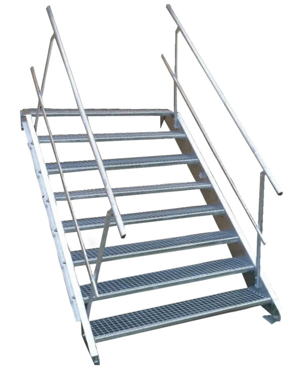 Stahltreppe 8 Stufen mit beidseitiges Geländer vollverzinkt (B 150 x H 120-160 cm)