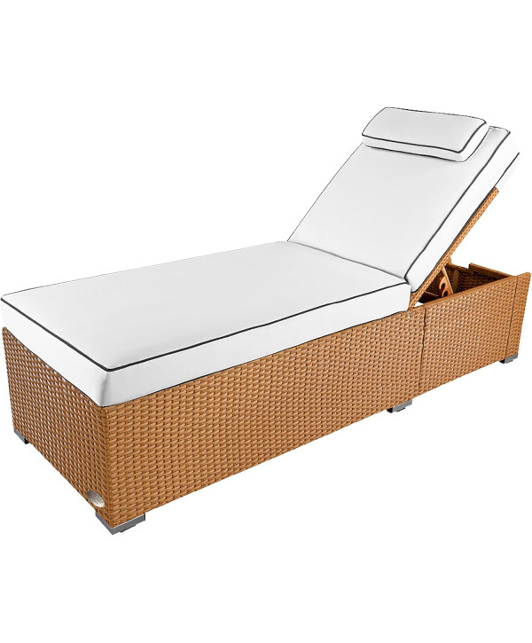 Chaise longue Verona High en polyrotin avec roulettes et dossier réglable blanc/noisette