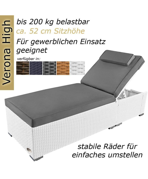 Chaise longue Verona High en polyrotin avec roulettes et dossier réglable gris/blanc