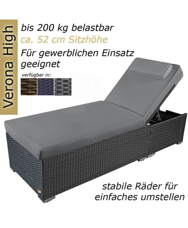 Chaise longue Verona High en polyrotin avec roulettes et dossier réglable gris/gris