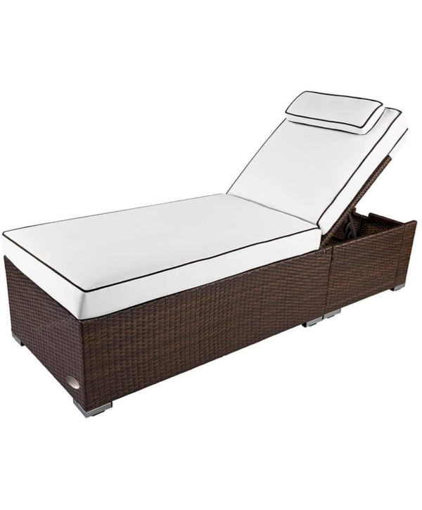 Polyrattan Sonnenliege Verona High mit Rollen und verstellbare Rückenlehne weiss/dunkelbraun