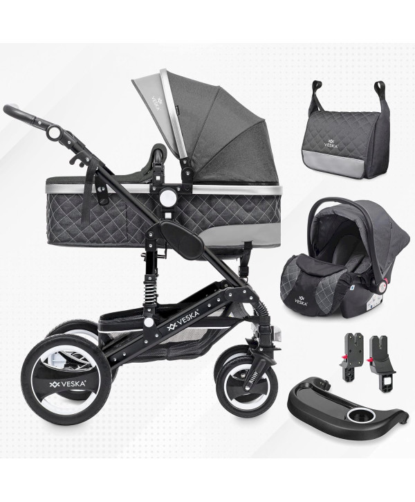 VESKA Poussette combinée 3 en 1 avec nacelle, buggy, jogger avec sac à langer noir - anthracite/anthracite