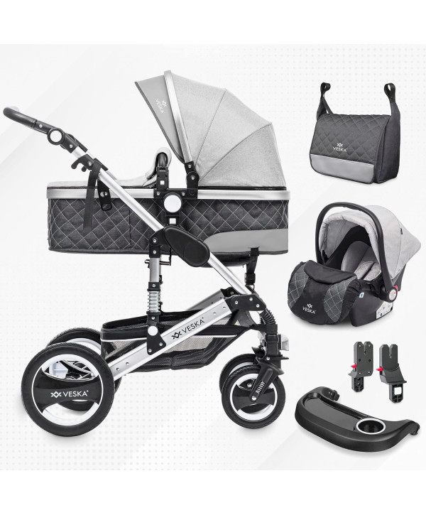 VESKA Poussette combinée 3 en 1 avec nacelle, buggy, jogger avec sac à langer Argent - Anthracite/gris