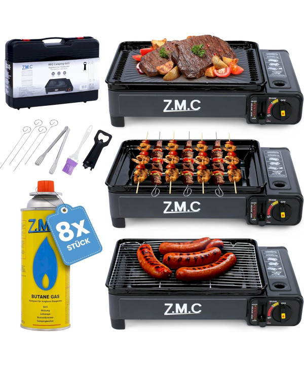 Gas Kocher Campingkocher + Grillplatte Gasgrill Outdoor + 8x Gaskartuschen