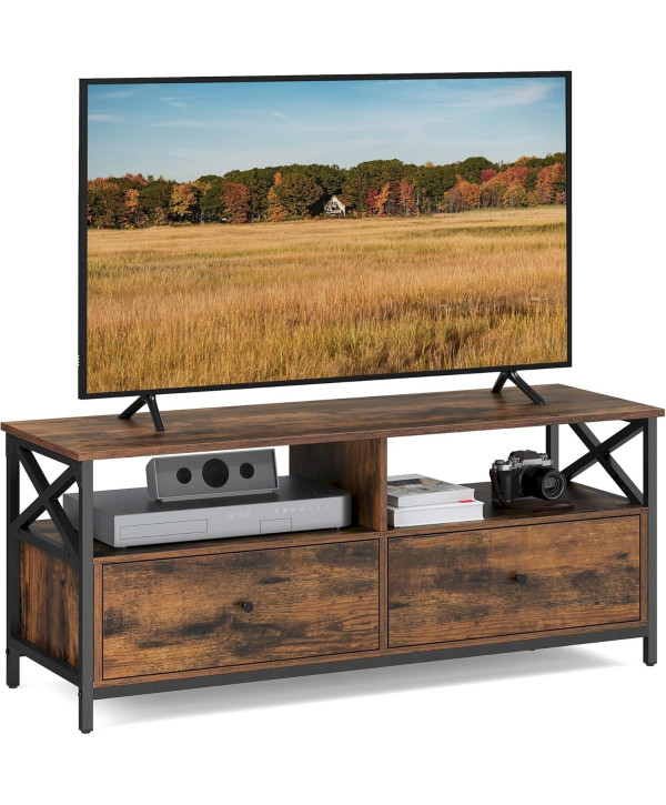 VASAGLE Fernsehtisch 120x40x50cm Rustic Brown + Schwarz TV-Schrank -Lowboard mit 2 Schubladen Stahlgestell