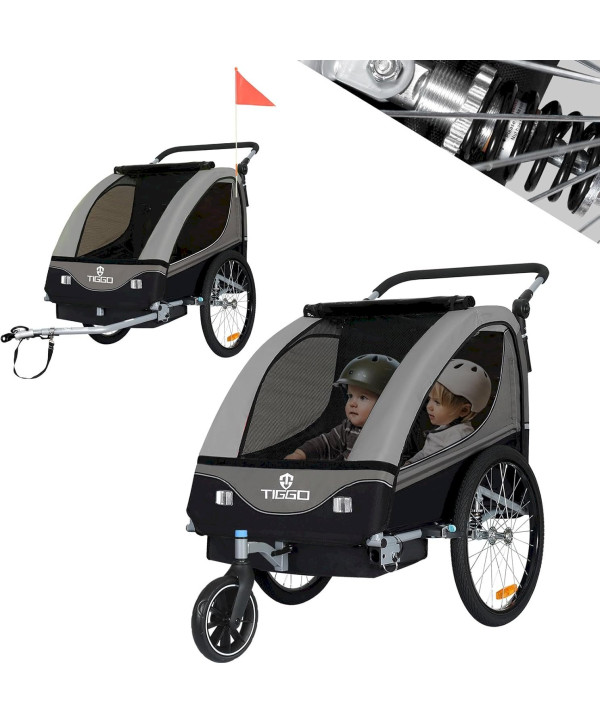 TIGGO 2in1 Kinderanhänger Fahrradanhänger Buggy Set + Federung Grau