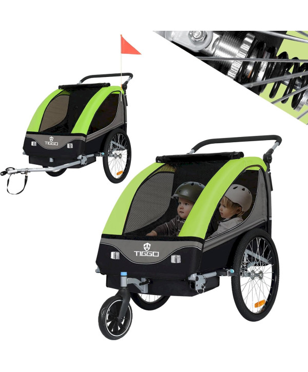 TIGGO 2in1 Kinderanhänger Fahrradanhänger Buggy Set + Federung Grün Lemon