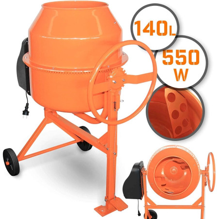 TIMBERTECH Bétonnière 140L - 550W avec Roues, en Acier, Orange et Noir