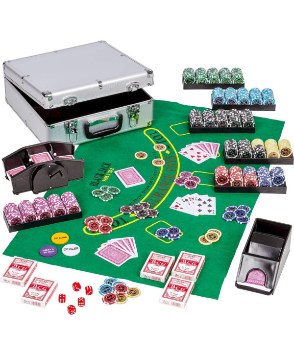 GAMES PLANET Ultimate Pokerkoffer 600 Chips Laserchips Kartenmischer Kartengeber