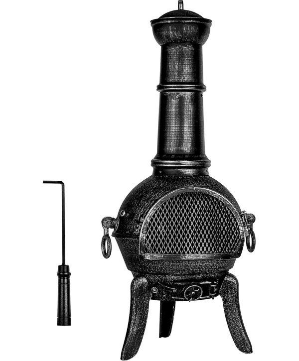 STILISTA Terrassenofen 112 cm aus Gusseisen mit Funkenschutz und Schürhaken Silber Grau