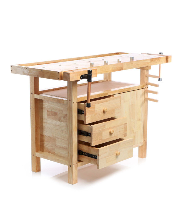 Hobelbank aus Holz 126x50x84cm Werkbank bis 150kg mit Spannzangen, Schubladen und Gerätefach