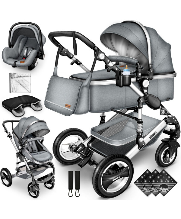 KIDUKU® 3 in 1 Kombi-Kinderwagen Buggy Reisebuggy inkl. Auto- Babyschale Faltbar GRAU/SILBER