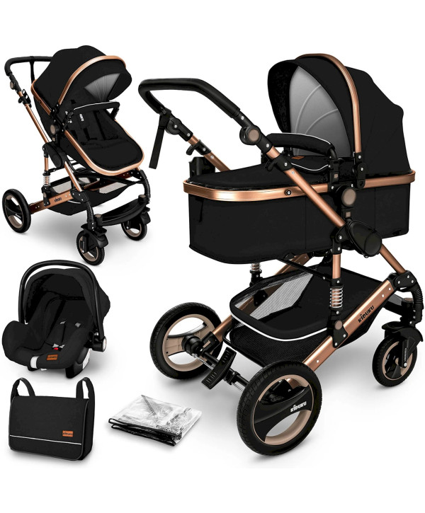 KIDUKU® 3 in 1 Kombi-Kinderwagen Buggy Reisebuggy inkl. Auto- Babyschale Faltbar SCHWARZ/GOLD