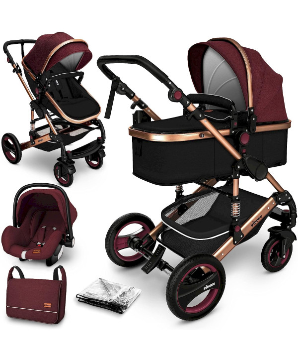 KIDUKU® 3 in 1 Kombi-Kinderwagen Buggy Reisebuggy inkl. Auto- Babyschale Faltbar BORDEAUX/GOLD