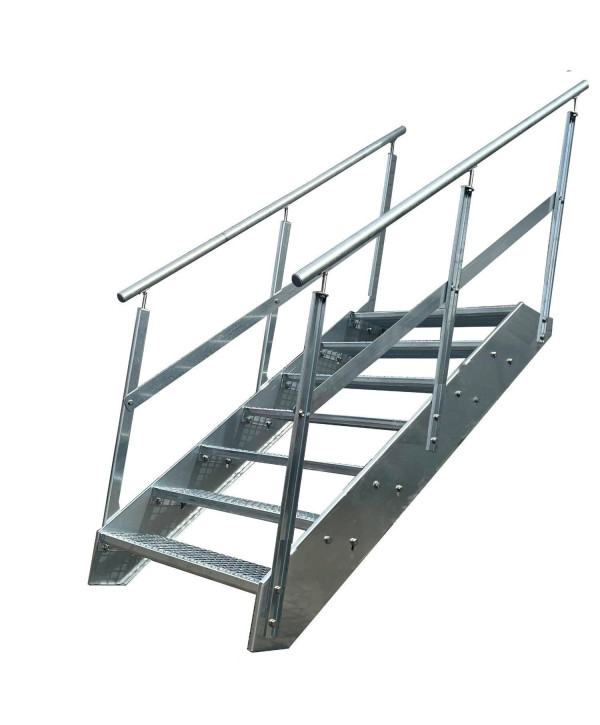 Stahltreppe 7 Stufen mit beidseitiges Geländer vollverzinkt (B 100 x H 133 cm)