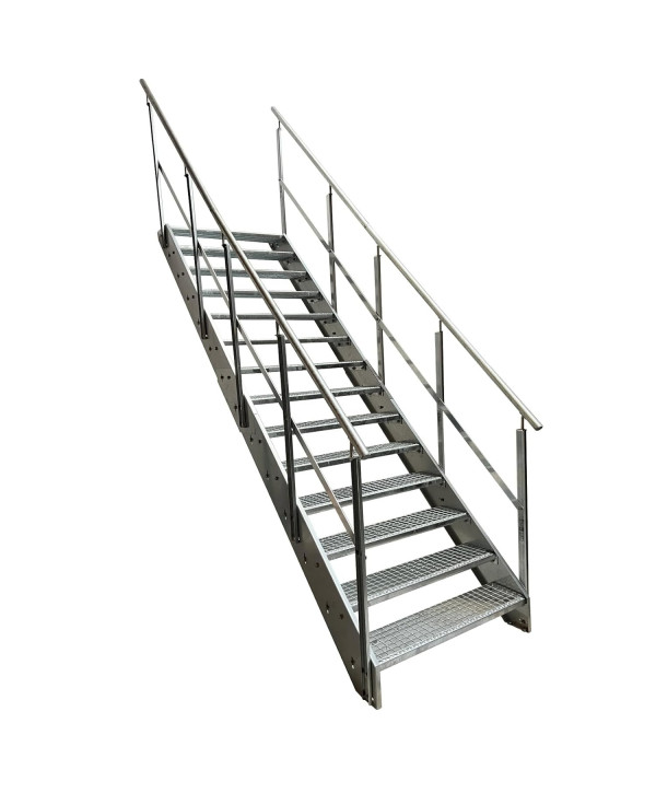 Stahltreppe 14 Stufen mit beidseitiges Geländer vollverzinkt (B 120 x H 266 cm)