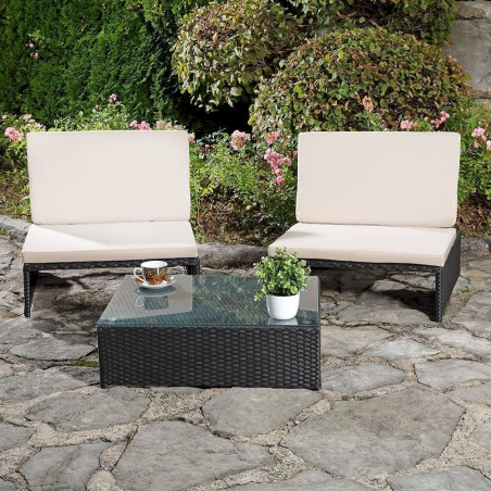 Ensemble de meubles de jardin avec 2 fauteuil et 1 table en polyrotin noir