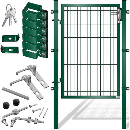 Porte de jardin en acier galvanisé vert 140 x 106 cm, portail avec poteaux avec serrure, poignée de porte et clé br