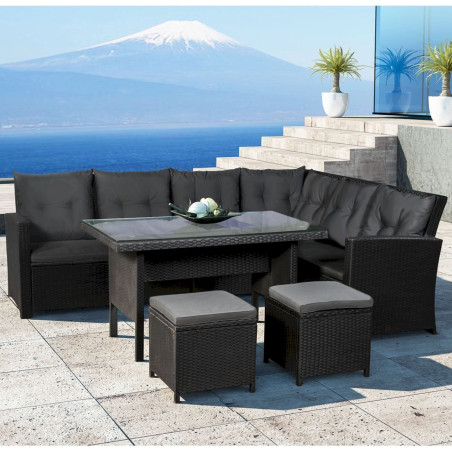 Polyrattan Lounge Santa Catalina schwarz Sitzgarnitur mit 1 Tisch, 1 Ecksofa und 2 Hocker