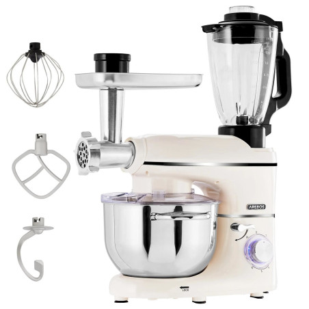 6-in-1 Küchenmaschine 1500W, mit Edelstahl-Schüssel 5,5L + Blender 1,5L, 6 Geschwindigkeiten + Pulsfunktion, creme