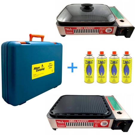 Outdoor Gas Kocher Campingkocher + Grillplatte + 4x Gaskartuschen 227g