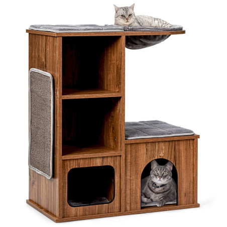 COSTWAY Katzenmöbel mit Höhle Matten Katzen Spielhaus Holz 69x39x80,5 cm