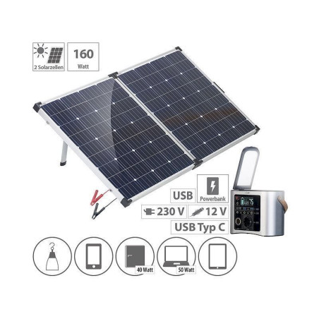 Revolt High-End-Powerbank &amp Solar-Konverter mit mobilem 160-W-Solar-Panel