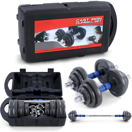 RAMROXX 20kg Profi Hantel Langhantel Set Gusseisen SCHWARZ / BLAU