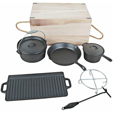 EL Fuego As­sor­ti­ment de poêles, casseroles et grille nervurée en fonte, avec coffret en bois - 7 pièces