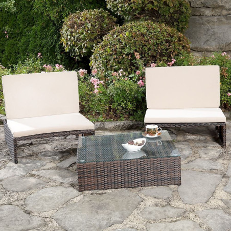 Ensemble de meubles de jardin avec 2 fauteuil et 1 table en polyrotin marron