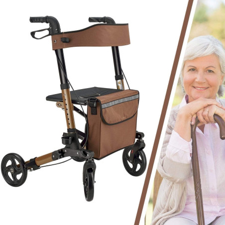 Juskys Aluminium Rollator Gehhilfe Braun Laufhilfe Gehwagen Alu klappbar Sitzfläche Tasche