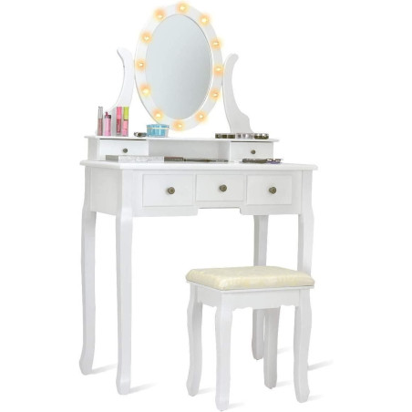 COSTWAY Ensemble de Coiffeuse vec Tabouret et Miroir avec éclairage LED Blanc