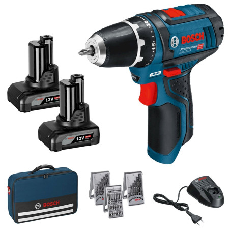 Bosch Pro­fes­sio­nal Ak­ku-Bohr­schrau­ber GSR 10,8-2-LI / GSR 12V-15, in Tasche mit Zubehör inkl. 2x 4 Ah Akku