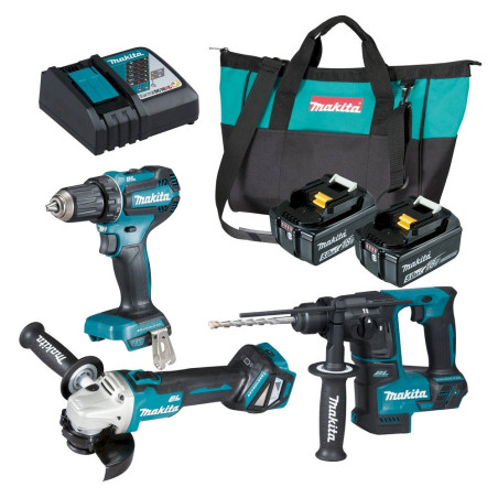 Makita Akku-Kombo-Kit DLX3179TX1 (Bohrschrauber + Winkelschleifer + Bohrhammer + Schnellladegerät + Akku)