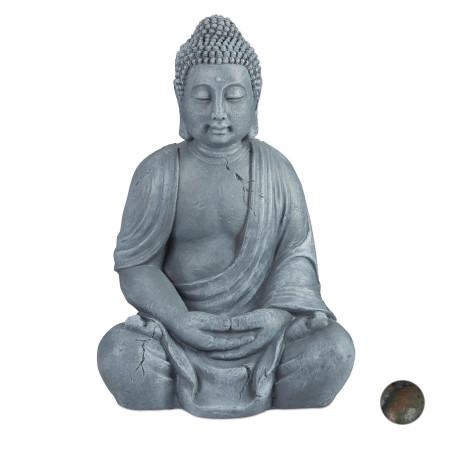 Relaxdays Buddha Figur Gartenfigur Dekofigur sitzend XL 70 cm Hellgrau