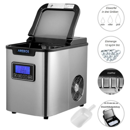 Arebos Eiswürfelmaschine Edehlstahl 2,2L LCD Eiswürfelbereiter Icemaker 12KG/24h