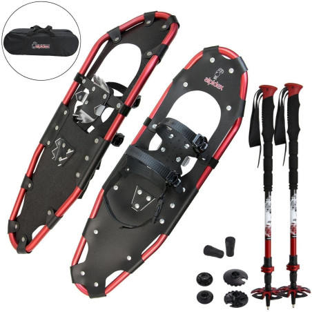 ALPIDEX Alu Schneeschuhe Black / Red 30 mit Stöcken, leicht Erwachsene Schneeschuhwandern