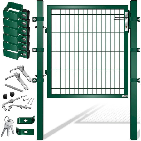 Porte de jardin en acier galvanisé vert 100 x 106 cm, portail avec poteaux avec serrure, poignée de porte et clé