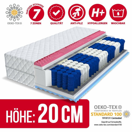 FDM Matratze 90x200 Taschenfederkern Visco Memory 7 Zonen 20cm CANIS H3 Bett HR Foam