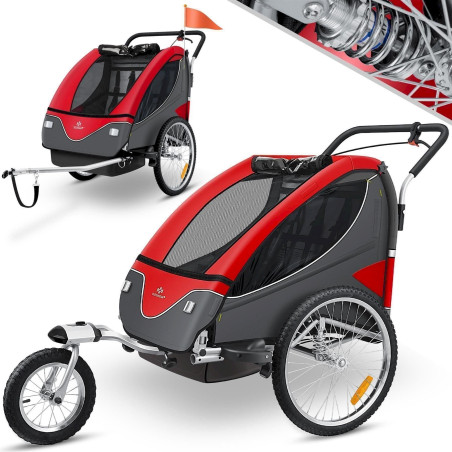 Kesser remorque vélo pour 2 enfants + poussette 2en1 rouge/gris