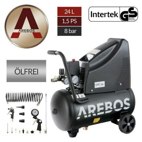 Arebos 8bar Druckluft Kompressor ölfrei 24L 1100W inkl. 14-Teile Druckluft-Set