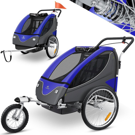 Kesser remorque vélo pour 2 enfants + poussette 2en1 bleu/gris