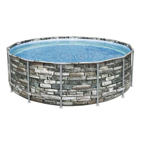 Bestway 56993 Power Steel Frame Pool 427x122cm Komplett-Set mit Filterpumpe rund Stein-Optik