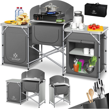 KESSER® Campingküche Alu Küchenbox Faltschrank Windschutz Outdoor BIG GRAU